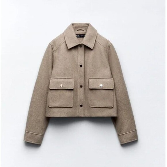 ZARA STUDIO FAUX WOOL METAL BUTTON CROPPED JACKET Biege Size Medium - Picture 2 of 10